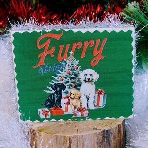 Hand Crafted Mini Wood Sign, Tiered Tray Decor, Christmas Dogs Furry & Bright